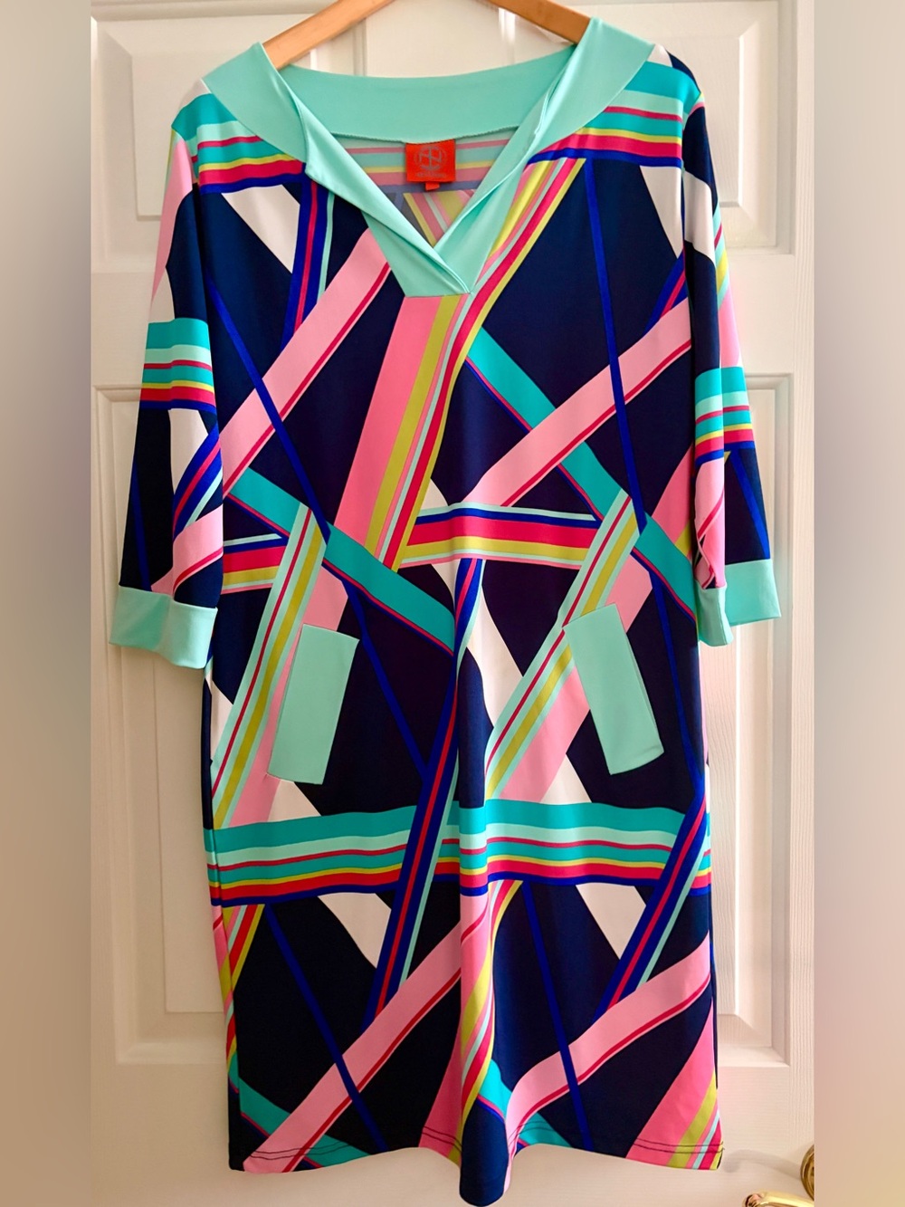 Tracy Negoshian Navy Mint Pink Geometric Midi Dress